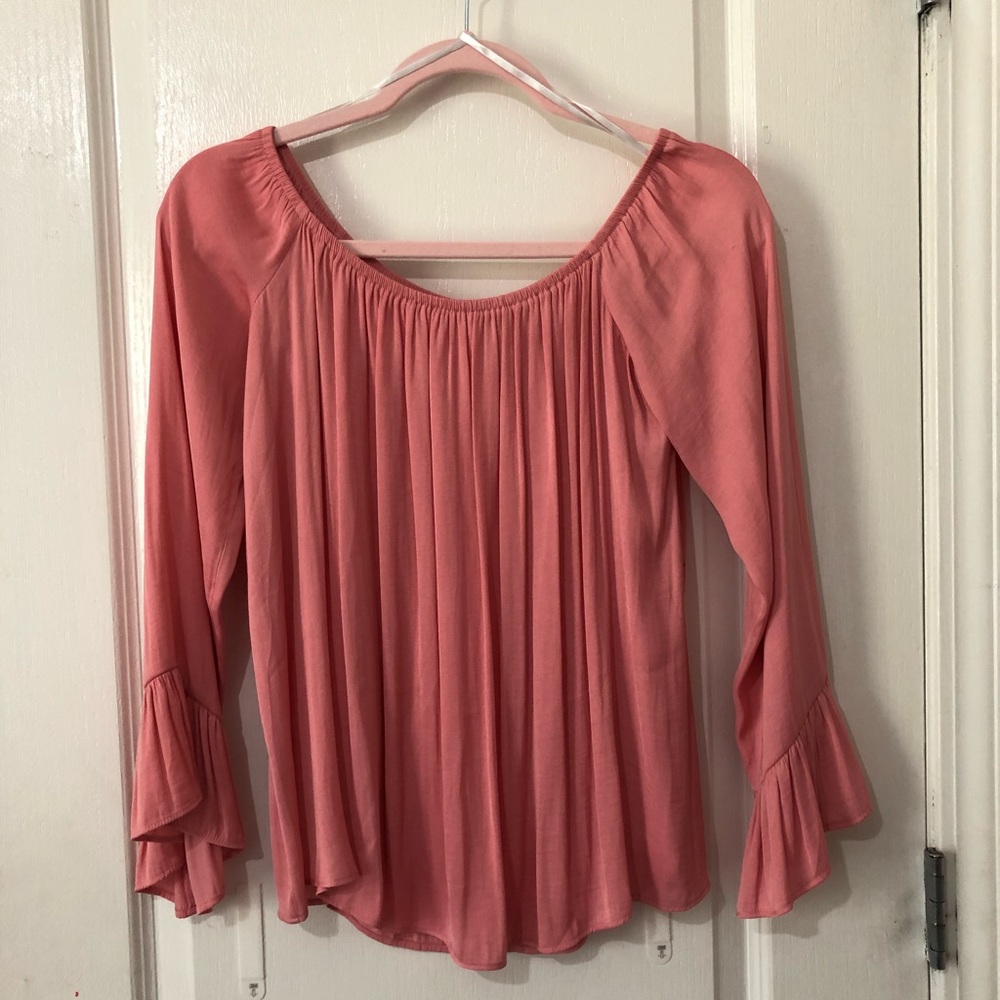 peachy pink off the shoulder flowy top